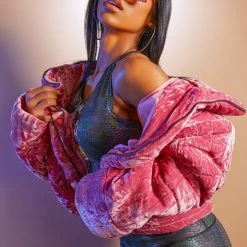 WOMENS OUTERWEAR SKULL VELVET PUFFER JACKET-PINK Best Seller