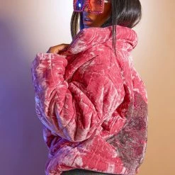 WOMENS OUTERWEAR SKULL VELVET PUFFER JACKET-PINK Best Seller