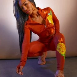 WOMENS ACTIVEWEAR BLOSSOM TUMMY TUCK ACTIVE SET-BROWN