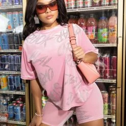 WOMENS ACTIVE SHORT SETS LONDYN VELVET BIKE SHORT SET-PINK