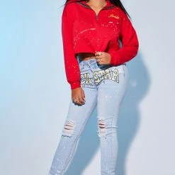 WOMENS HOODIES & SWEATSHIRTS BADDIE CROPPED SWEATSHIRT-RED