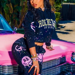 WOMENS TRACK SETS INDIA LOVE IN SMILEY OVERSIZED TRACKSET-BLACK