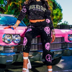 WOMENS TRACK SETS INDIA LOVE IN SMILEY OVERSIZED TRACKSET-BLACK