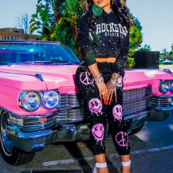 WOMENS TRACK SETS INDIA LOVE IN SMILEY OVERSIZED TRACKSET-BLACK