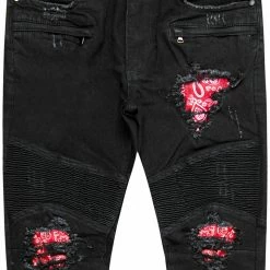MENS JEANS BRUCE BIKER PATCH JEAN- BLK/RED Denim