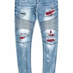 MENS JEANS Denim BRUCE BIKER PATCH JEAN- BLUE/RED
