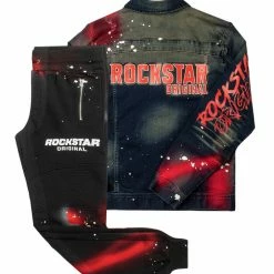 MENS TRACK SETS CARMELO DENIM JACKET/TRACKPANT SET-BLACK/RED