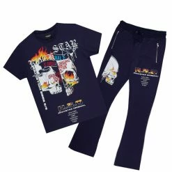 MENS TRACK SETS CHASE T-SHIRT STACKED FLARE TRACKSET-NAVY