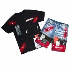 MENS SHORT SETS Track Sets CIEN T-SHIRT/DENIM SHORT SET-BLK/RED