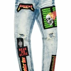 MENS JEANS CANNON PATCHWORK GRAPHIC PRINTED JEAN-BLUE Denim