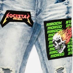 MENS JEANS CANNON PATCHWORK GRAPHIC PRINTED JEAN-BLUE Denim