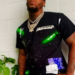 MENS SHORT SETS CIEN T-SHIRT/DENIM SHORT SET-BLK/GREEN