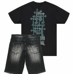 MENS SHORT SETS SAGER T-SHIRT/DENIM SHORT SET-BLACK