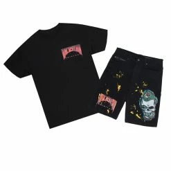 Rockstar Original Sales 50 MENS SHORT SETS LANDO T-SHIRT/DENIM SHORT SET-BLACK