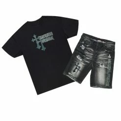 MENS SHORT SETS SAGER T-SHIRT/DENIM SHORT SET-BLACK