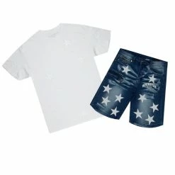 MENS SHORT SETS STELLAR T-SHIRT/DENIM SHORT SET-WHITE Track Sets