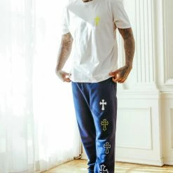 MENS TRACK SETS DIOSE T-SHIRT/FLARE PANT SET-WHITE/NAVY