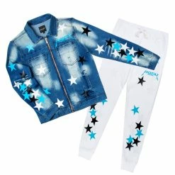 MENS TRACK SETS DOMINIC DENIM JACKET/TRACKPANT SET-WHITE/BLUE