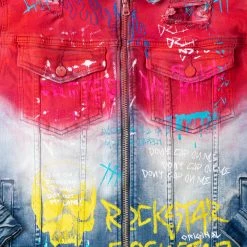 MENS DENIM JACKETS DRIPPER PRINTED DENIM JACKET- RED