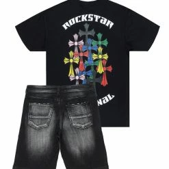 Best Pirce ๐ MENS SHORT SETS FANTOME T-SHIRT/DENIM SHORT SET-BLACK ๐ 7 MENS SHORT SETS FANTOME T-SHIRT/DENIM SHORT SET-BLACK