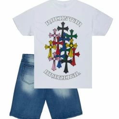 MENS SHORT SETS FANTOME T-SHIRT/DENIM SHORT SET-WHITE