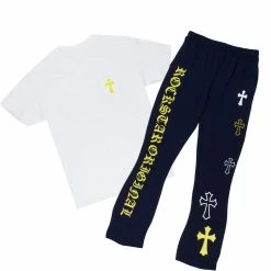 MENS TRACK SETS DIOSE T-SHIRT/FLARE PANT SET-WHITE/NAVY