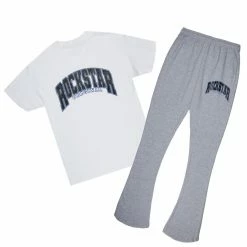 MENS TRACK SETS HESS T-SHIRT/FLARE PANT SET-WHITE