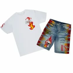 MENS SHORT SETS FUEGOS T-SHIRT/DENIM SHORT SET-WHITE