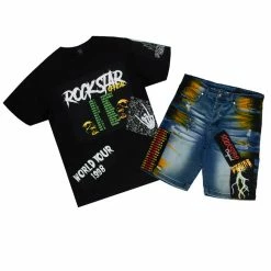 MENS SHORT SETS HAZE T-SHIRT/DENIM SHORT SET-BLACK