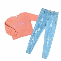 GIRLS DENIM SET GIRLS JEMMA SWEATER/JEAN SET-APRICOT New Arrivals