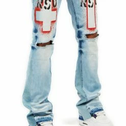 MENS JEANS ITRI PRINTED STACKED FLARE JEAN-BLUE Denim