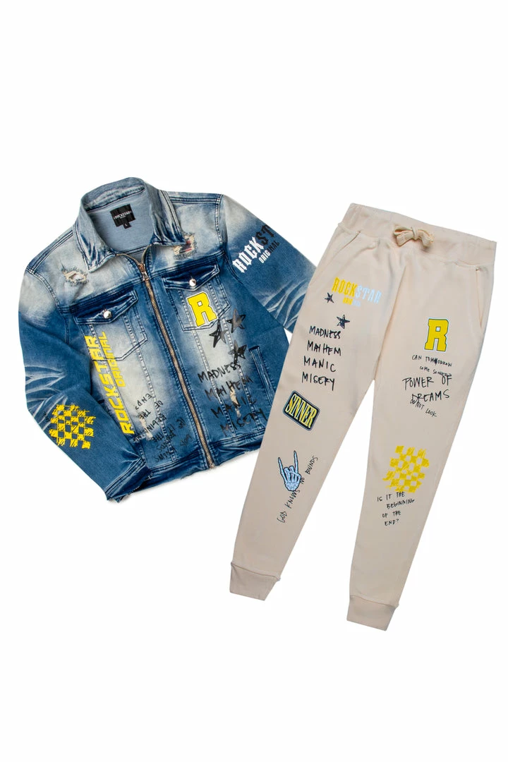 Flash Sale 👏 MENS TRACK SETS JIN DENIM JACKET/TRACKPANT SET-BEIGE 🔥 1 MENS TRACK SETS JIN DENIM JACKET/TRACKPANT SET-BEIGE