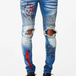 MENS JEANS SNOH PRINTED DENIM JEAN- BLACK/RED