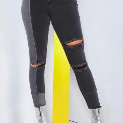 WOMENS JEANS DISTRESSED PATCHWORK SKINNY JEAN-DARK GREY