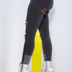 WOMENS JEANS DISTRESSED PATCHWORK SKINNY JEAN-DARK GREY