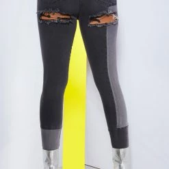 WOMENS JEANS DISTRESSED PATCHWORK SKINNY JEAN-DARK GREY