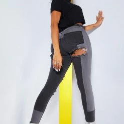 WOMENS JEANS DISTRESSED PATCHWORK SKINNY JEAN-DARK GREY