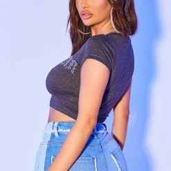 WOMENS TEES JENNA CROP TEE-CHARCOAL Best Seller