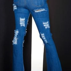 WOMENS JEANS HIGH WAISTED DISTRESSED FLARE JEAN-MEDIUM WASH
