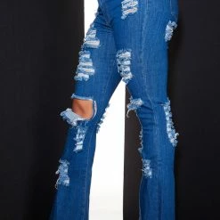 WOMENS JEANS HIGH WAISTED DISTRESSED FLARE JEAN-MEDIUM WASH