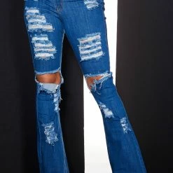WOMENS JEANS HIGH WAISTED DISTRESSED FLARE JEAN-MEDIUM WASH