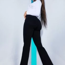 WOMENS JEANS DESTROYED HEM FLARE JEAN-BLACK