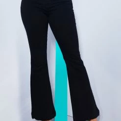 WOMENS JEANS DESTROYED HEM FLARE JEAN-BLACK