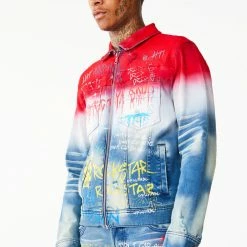 MENS DENIM JACKETS DRIPPER PRINTED DENIM JACKET- RED