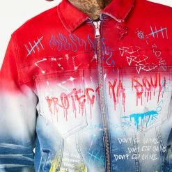 MENS DENIM JACKETS DRIPPER PRINTED DENIM JACKET- RED