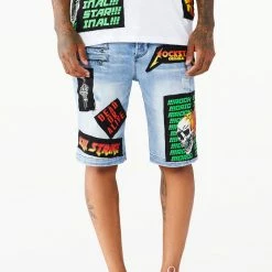 MENS SHORTS CANNON PATCHWORK DENIM SHORT- LIGHT WASH