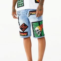 MENS SHORTS CANNON PATCHWORK DENIM SHORT- LIGHT WASH