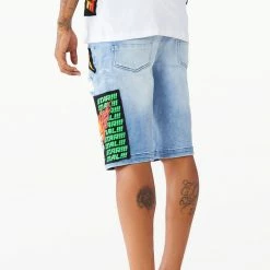 MENS SHORTS CANNON PATCHWORK DENIM SHORT- LIGHT WASH