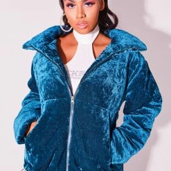 WOMENS OUTERWEAR SKULL VELVET PUFFER JACKET-TEAL