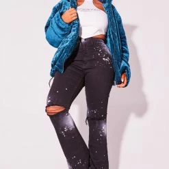 WOMENS OUTERWEAR SKULL VELVET PUFFER JACKET-TEAL